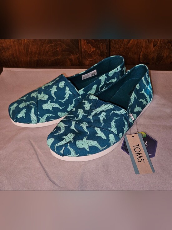 Toms Shoes - Toms Teal Canvas Slip-Ons with Mint Shark Pattern